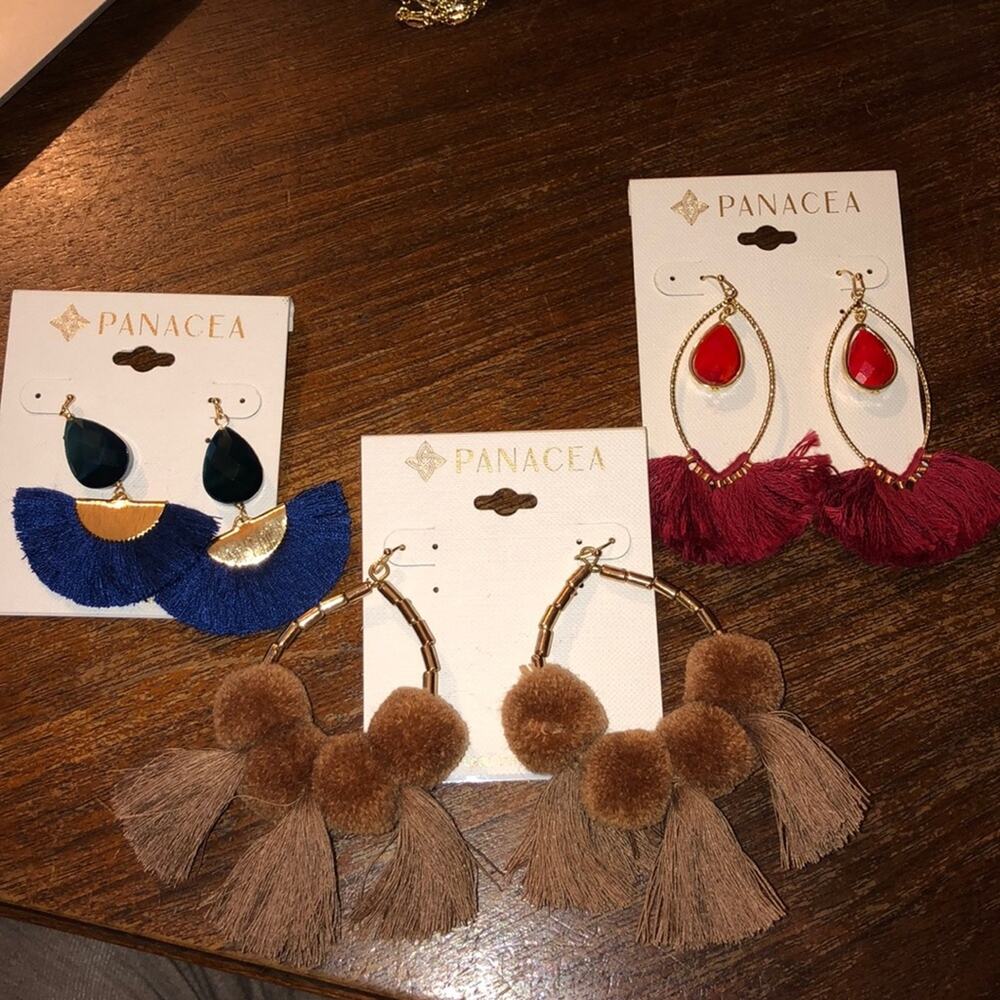 Panacea 3x Prom Homecoming Party Tassels Artsy Earrings Blue Red Tan NWT